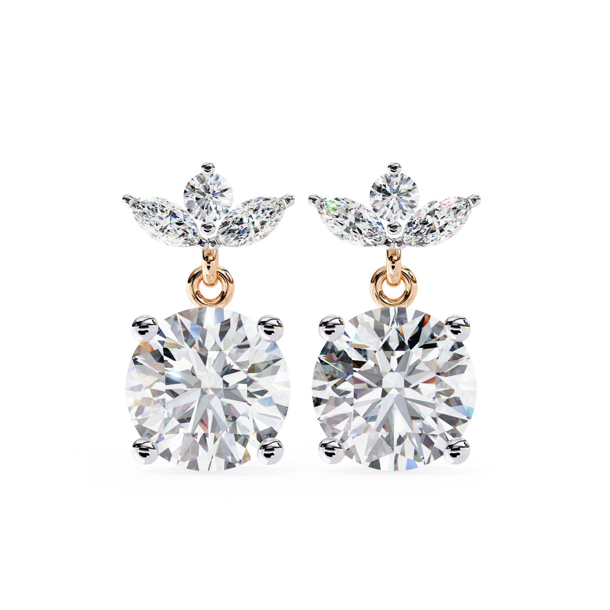 Delight in the luxury and unique design of our 2 CT Marquise Stud Dangle Natural Diamond Earrings. Each earring showcases a captivating arrangement of marquise-cut diamonds, expertly set in a prong setting to capture and reflect light beautifully.