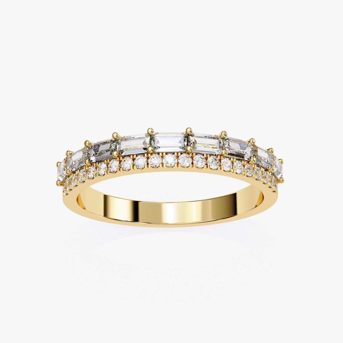 14k yellow gold double row diamond ring featuring baguette-cut and round lab-grown diamonds in prong and pavé settings. The full spread of stones creates a curved half eternity design with bold symmetry, ideal as a stacking band or modern wedding ring.