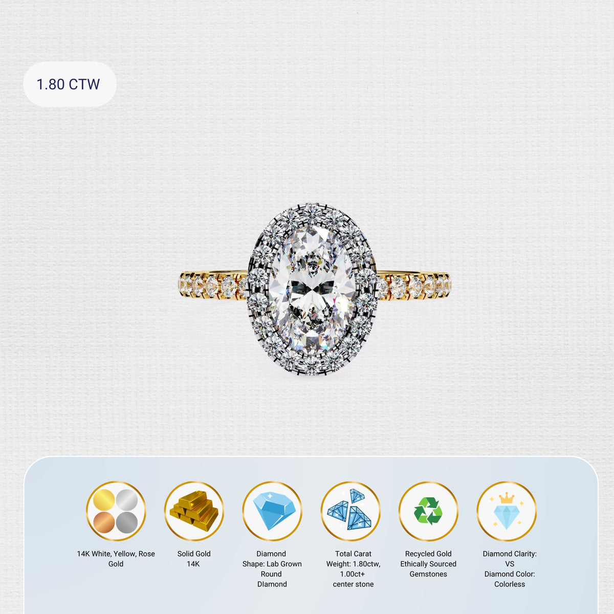 1.8 Ct Oval Lab Grown Diamond Engagement Ring, 14k Real Gold Promise Ring, Half Eternity Band Ring, Solitaire Ring, Proposal Engraved Ring