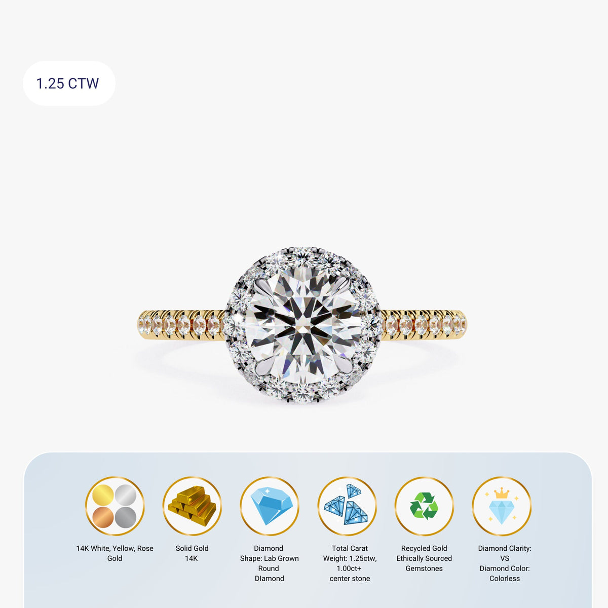 A gold engagement ring with a round center diamond and a halo of smaller diamonds. The ring band is set with smaller diamonds. The ring is 1.25 CTW, 14K gold, lab grown, and has a VVS2 clarity and E color. The ring is made with ethically sourced recycled gold gemstones.