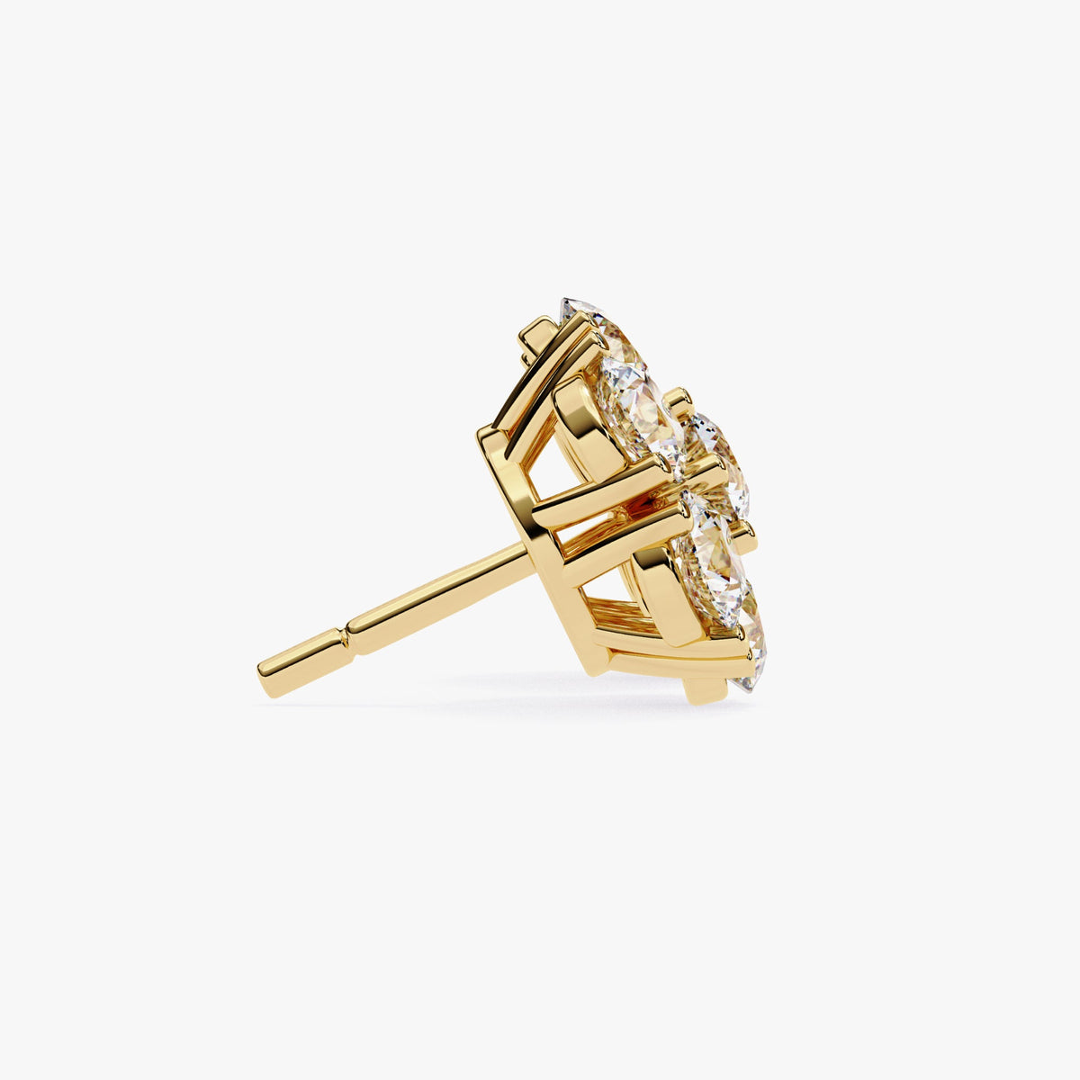 A 14k yellow gold flower-shaped stud earring with round lab-grown diamonds set in a floral cluster design.