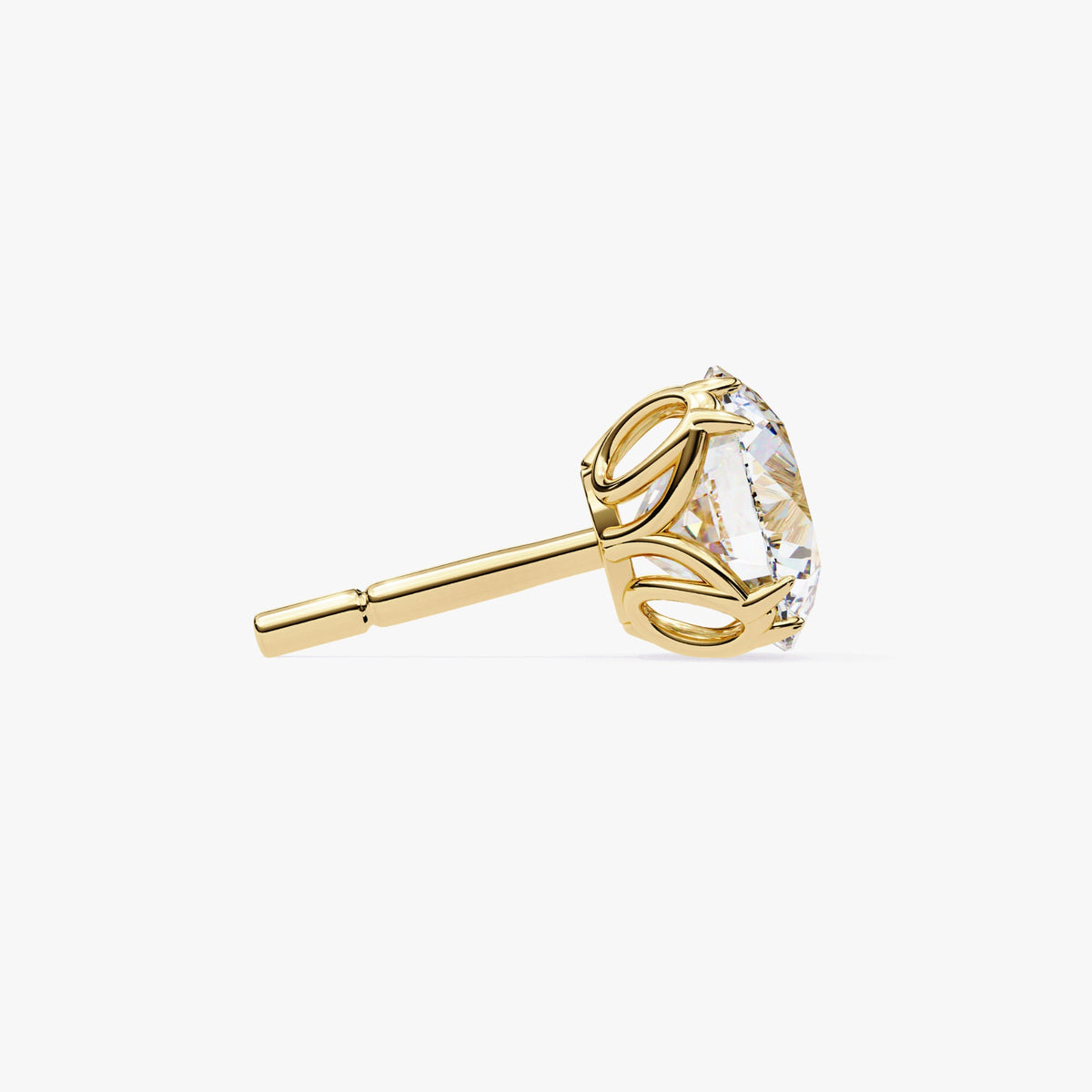 Side view of a single yellow gold diamond stud earring with a round lab-grown diamond in an 8-prong setting.