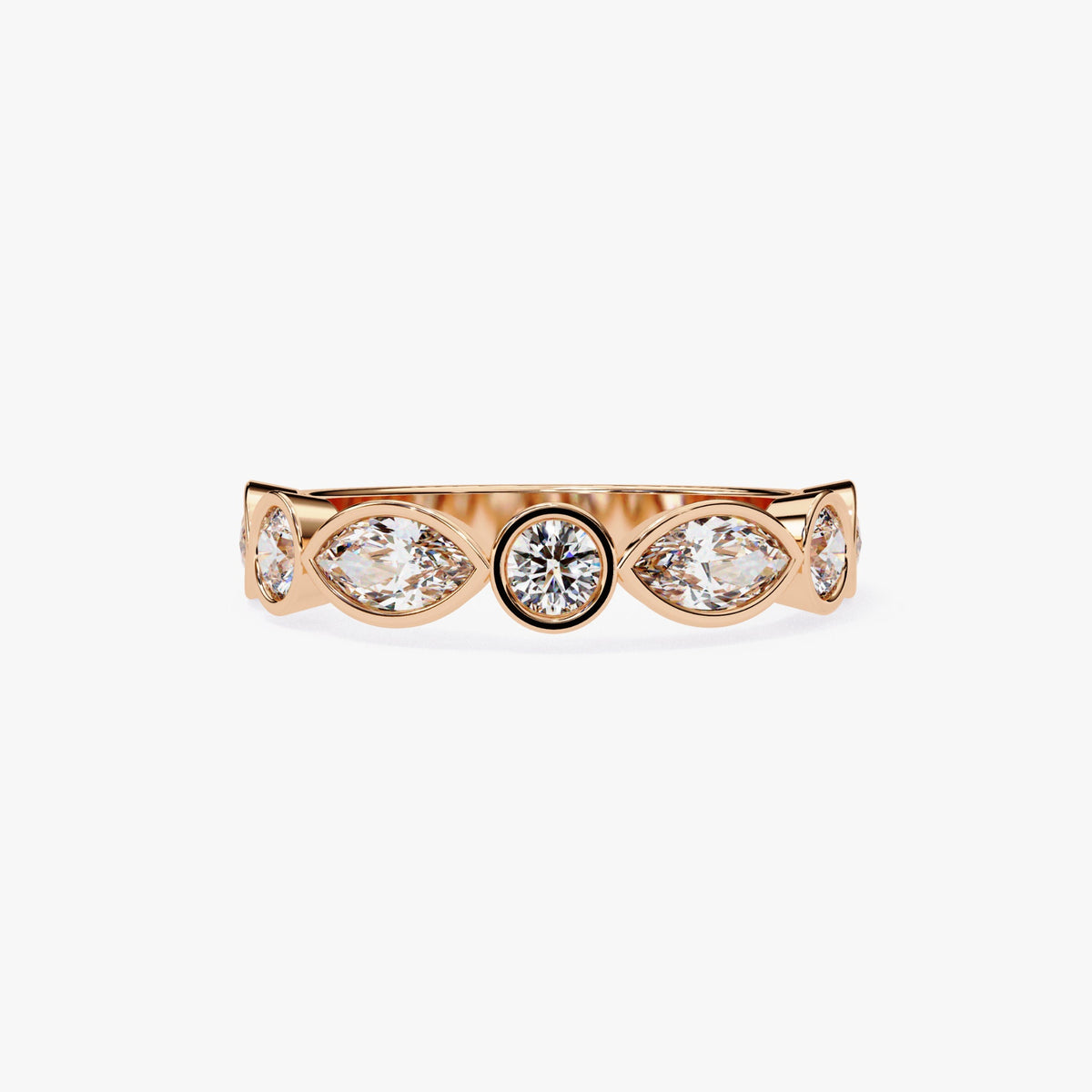 1.25 Ct Marquise Round Natural Diamond Ring, 14K Gold Band ring, Bezel Set Engraved Name Ring, Half Eternity Ring, Anniversary Gift