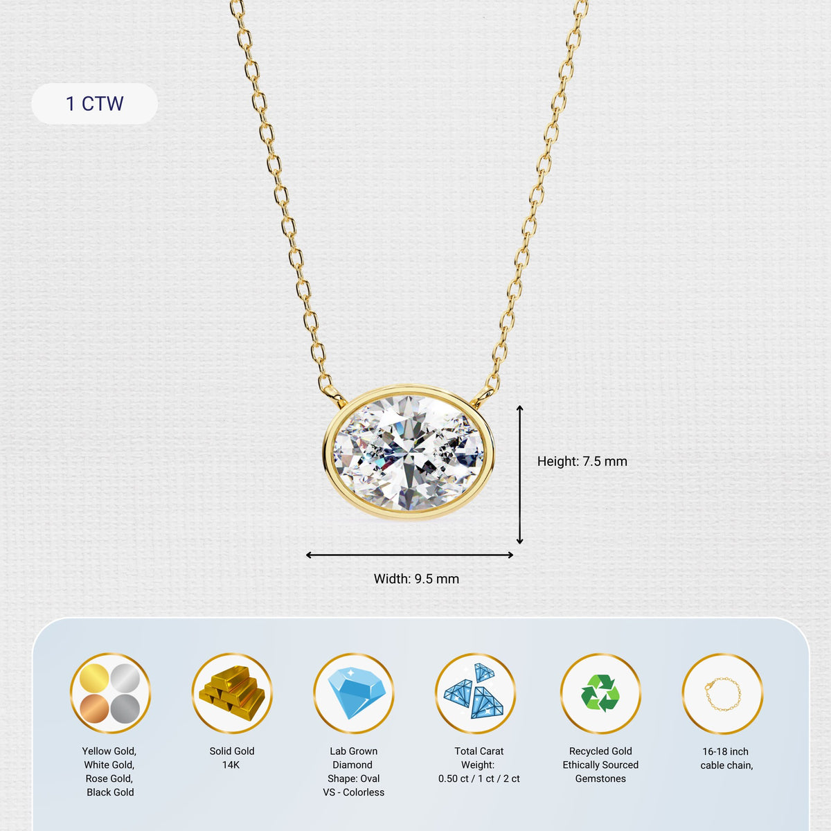 14K Gold Oval Lab Grown Diamond Solitaire Pendant Necklace, 1 CT, Bezel Setting, 16-18 Inch