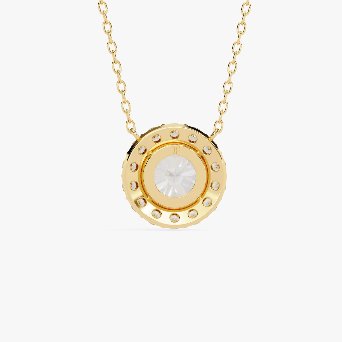 A gold chain necklace with a round pendant featuring a single, clear, round-cut stone surrounded by a halo of smaller, clear stones.