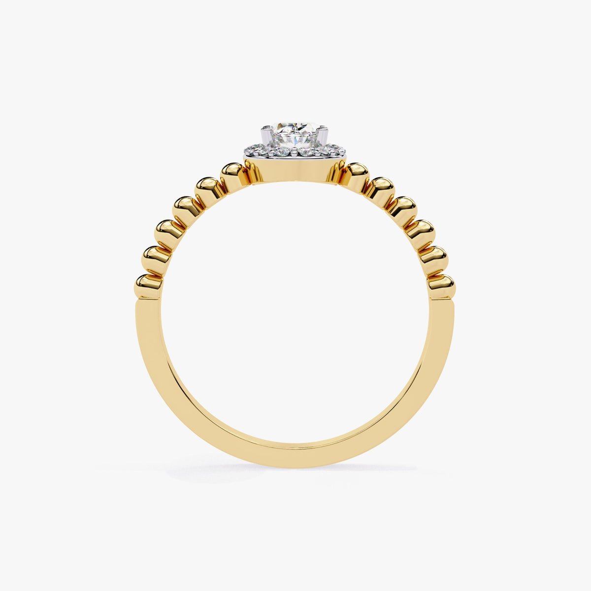 0.50 Ctw Oval Lab Grown Diamond Ring, Bead Band Halo Engagement Ring, 14k Gold Prong Setting, Fine Diamond Solitaire Half Eternity Band Ring