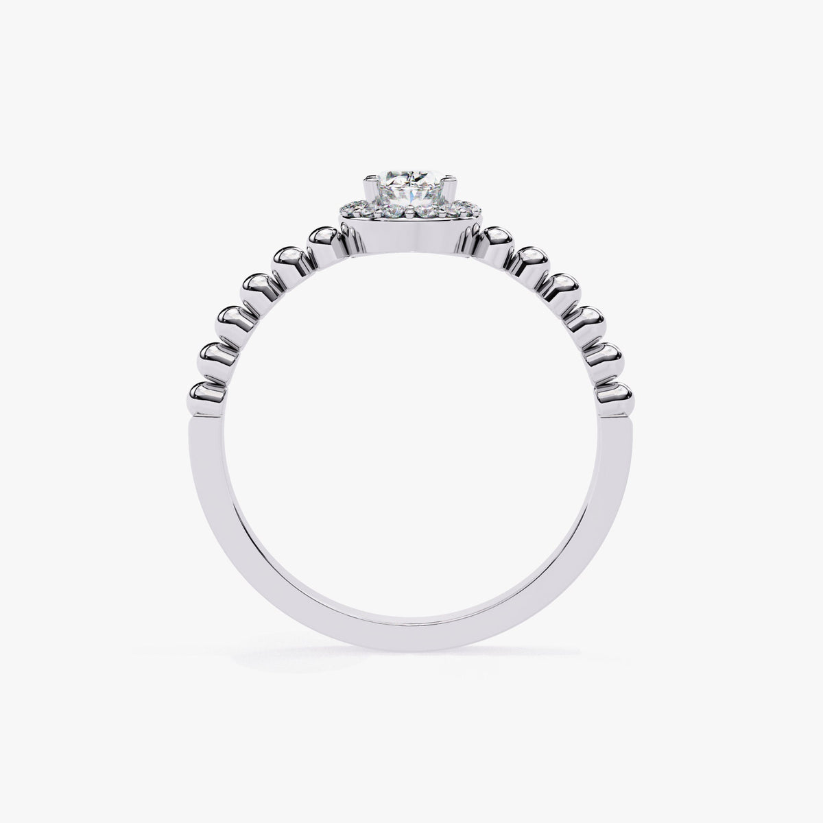 0.50 Ctw Oval Lab Grown Diamond Ring, Bead Band Halo Engagement Ring, 14k Gold Prong Setting, Fine Diamond Solitaire Half Eternity Band Ring
