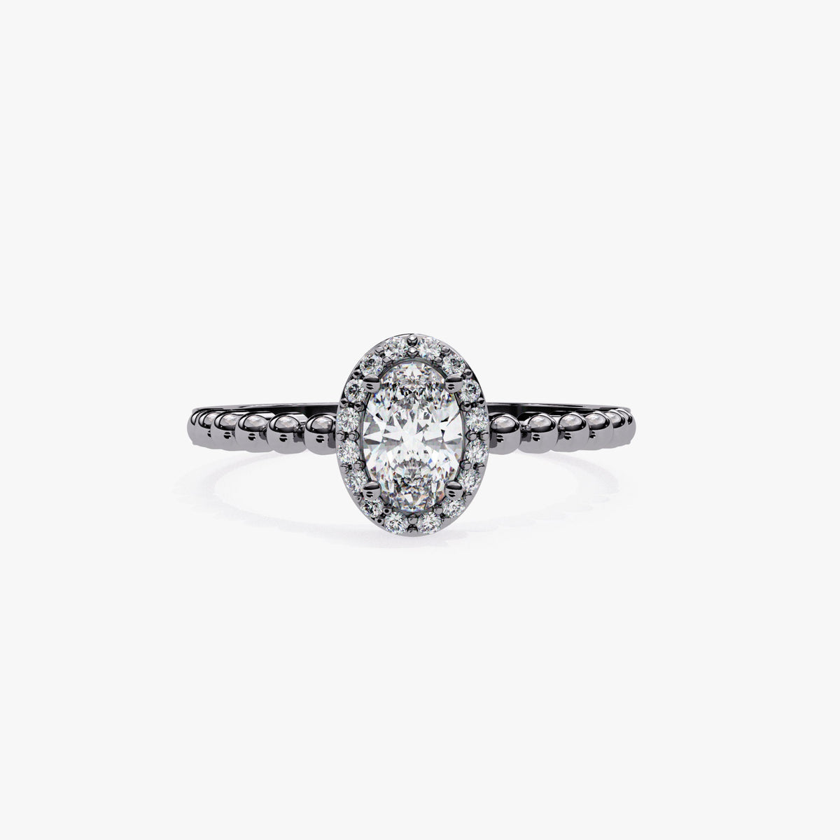 0.50 Ctw Oval Natural Diamond Ring, Bead Band Halo Engagement Ring, 14k Gold Prong Setting, Fine Diamond Solitaire Half Eternity Band Ring