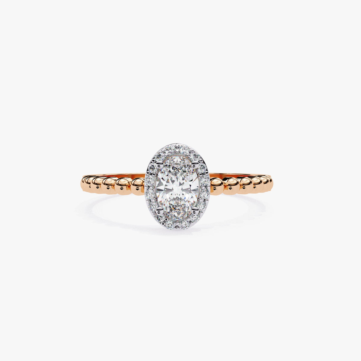 0.50 Ctw Oval Lab Grown Diamond Ring, Bead Band Halo Engagement Ring, 14k Gold Prong Setting, Fine Diamond Solitaire Half Eternity Band Ring