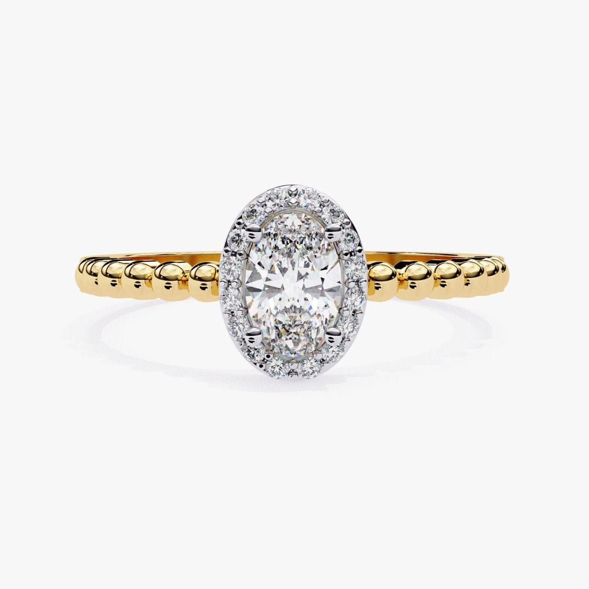 0.50 Ctw Oval Diamond Halo Engagement Ring, 14k Gold Bead Band