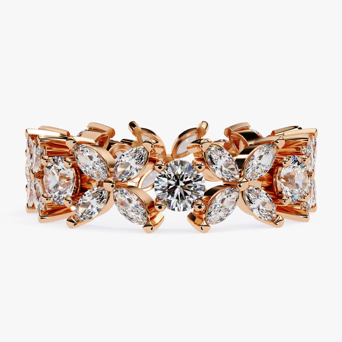 Marquise & Round Diamond Flower Ring Full Eternity Band Ring Lab Grown Diamond Ring 14K Gold Solid Metal Floral Ring for Anniversary Ring