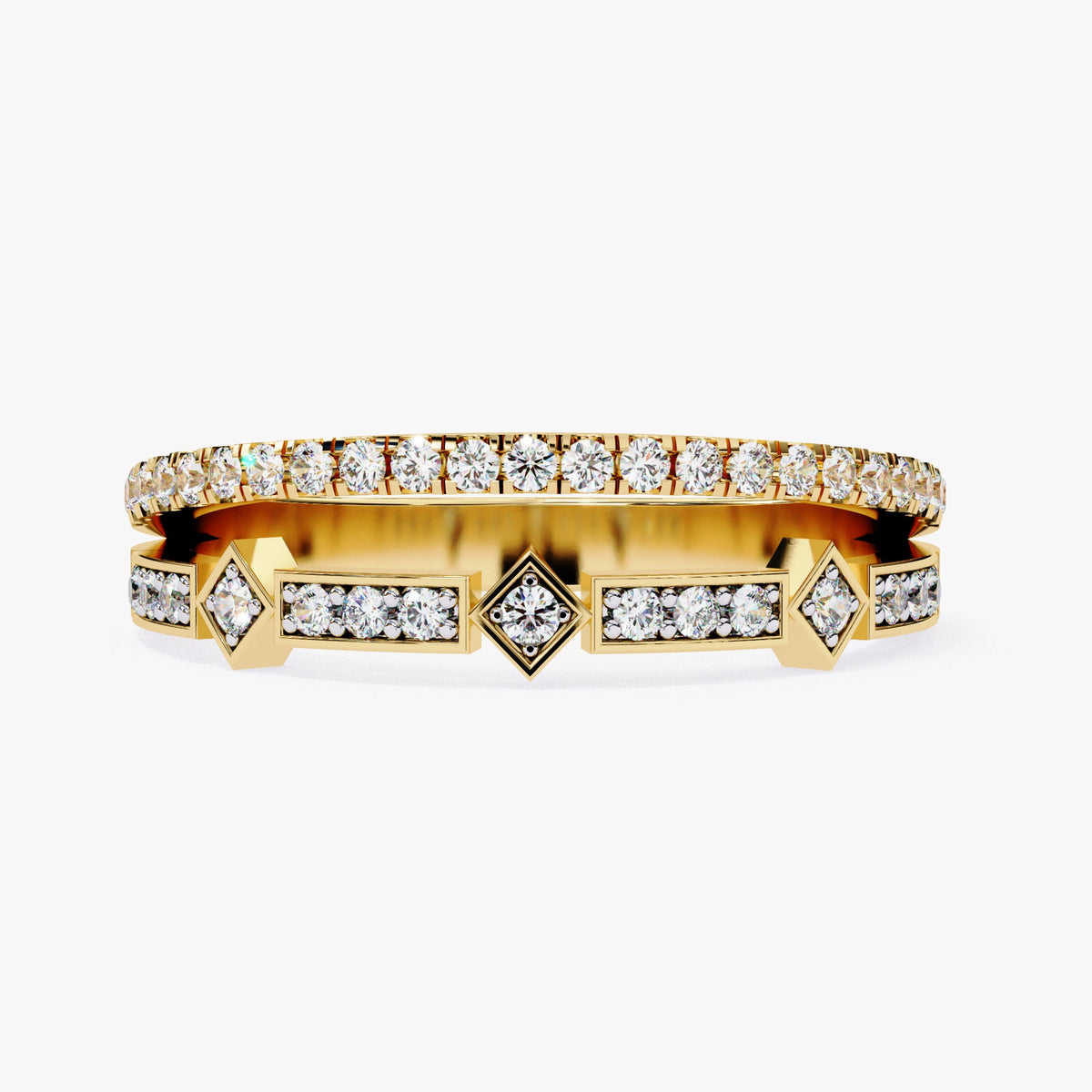 14K Gold Diamond Double Band Ring: Geometric Art Deco Index Finger Ring 0.25Ct