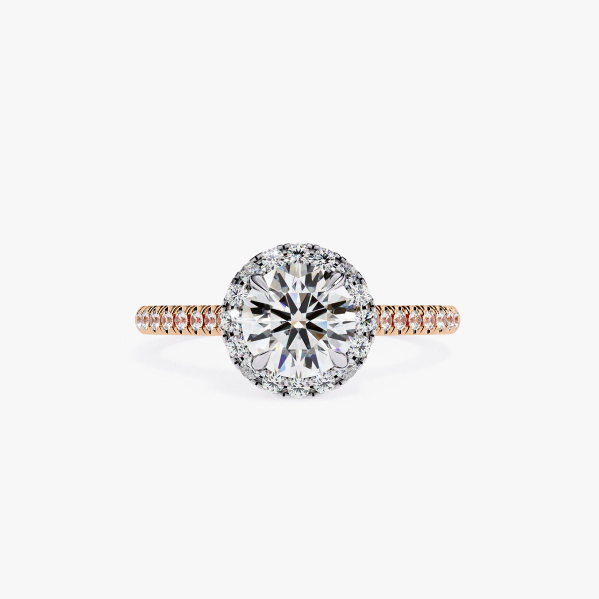 1ct Lab Grown Diamond Halo Engagement Ring | 14K Gold Round VVS2 E IGI Certified | 1.25ctw Pavé Band Bridal Ring