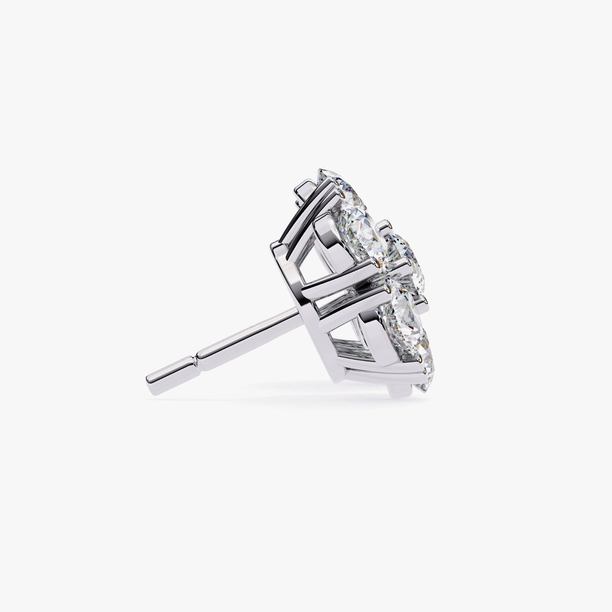 A 14k white gold floral cluster earring with a large round lab-grown diamond in the center, surrounded by smaller diamonds, shown with a visible post and pushback closure.