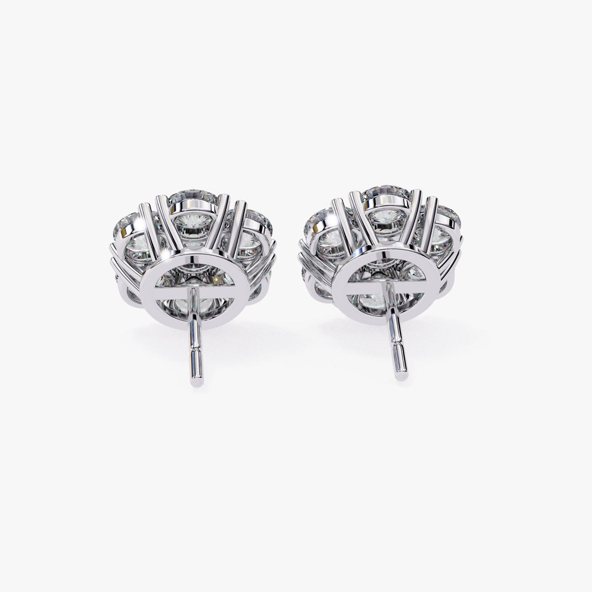 A 14k white gold flower-shaped earring with a round lab-grown diamond in the center and smaller diamonds surrounding it. The earring has a post and pushback closure.