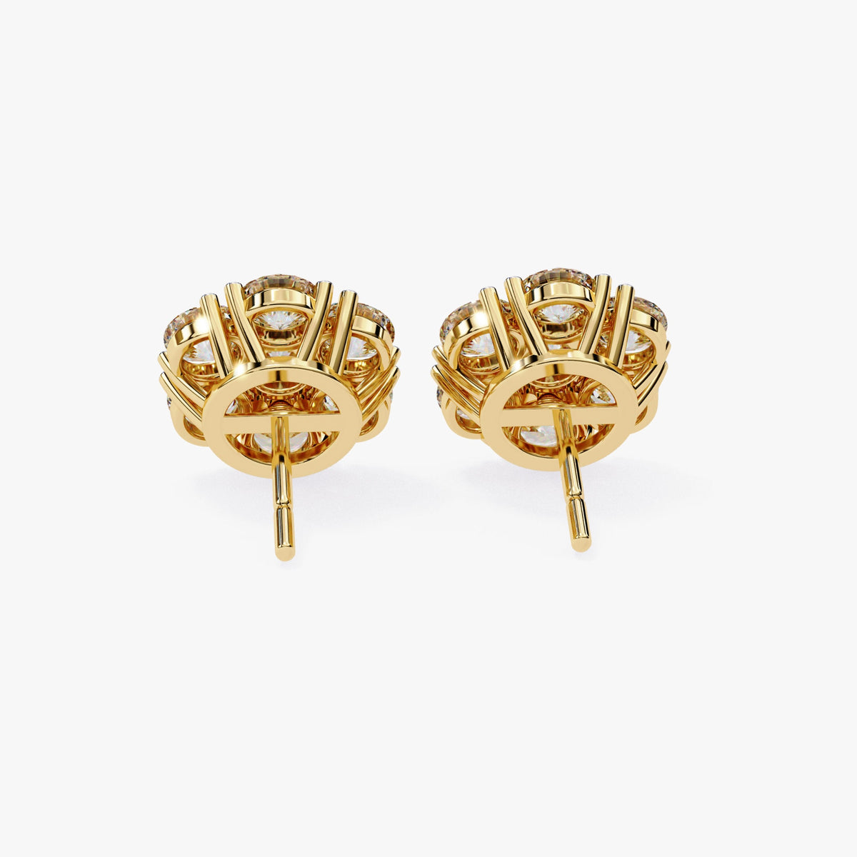 Back view of 14k yellow gold floral cluster stud earrings, showing the open basket-style setting, prongs, and straight posts for a secure pushback fit.