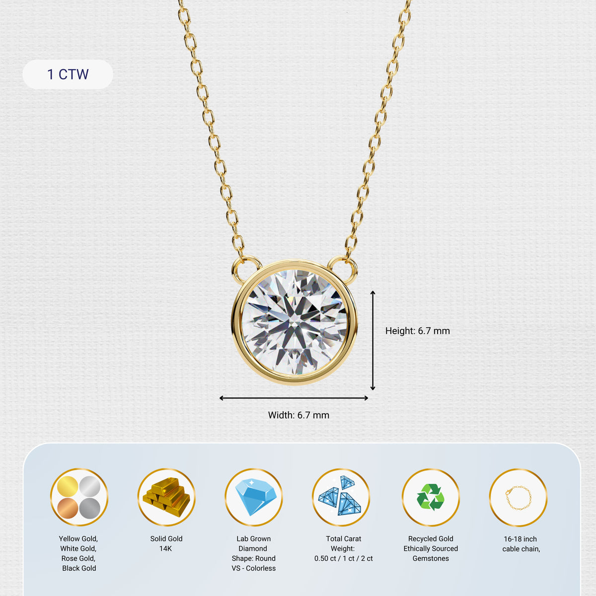 14K Gold Round Lab Grown Diamond Solitaire Pendant Necklace, 0.50 CT - 2 CT, 16-18 Inch