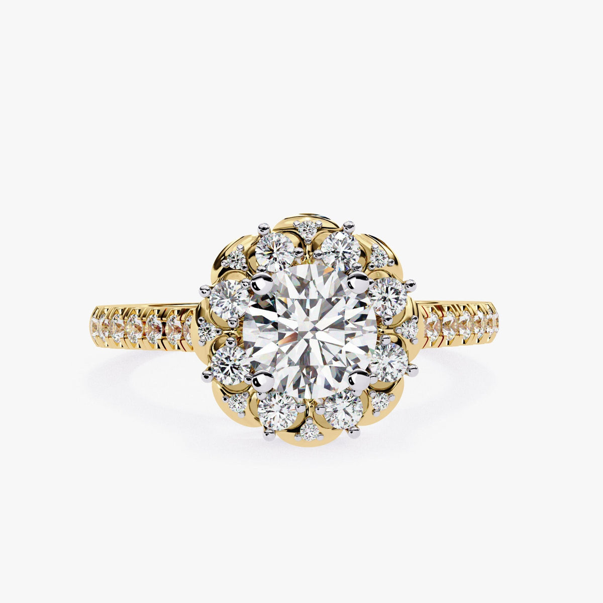 Unique Vintage Style Floral Diamond Halo Engagement Ring Lab Grown Diamond Ring Eco-Friendly Round Diamond Ring Flower Engagement Ring