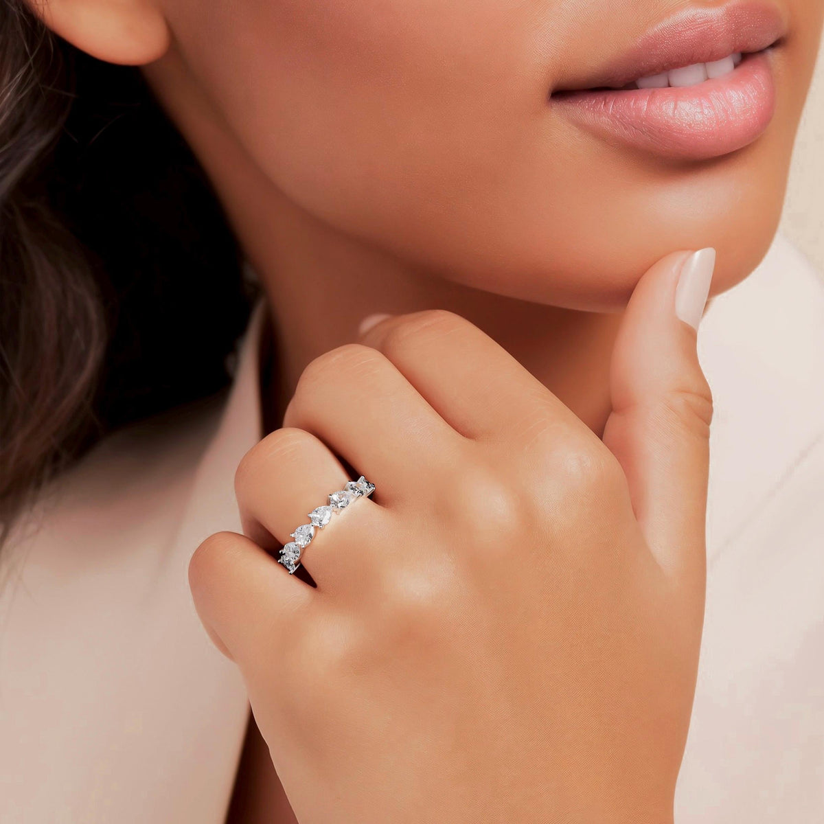 1.20 CTW Pear Lab Grown Diamond Ring: 14k Gold Half Eternity Band