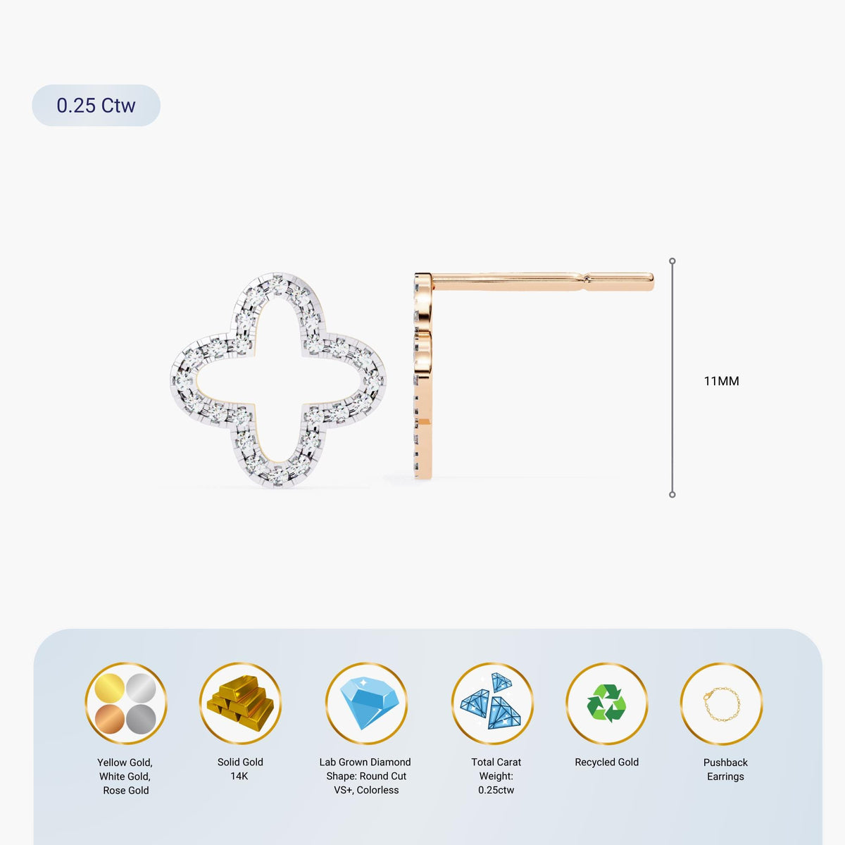Flower Clover Lab Grown Diamond Dainty Stud Earrings for Women, 14k Gold Floral Studs, Nature Lover Gift, Minimalist Cross Diamond Earrings