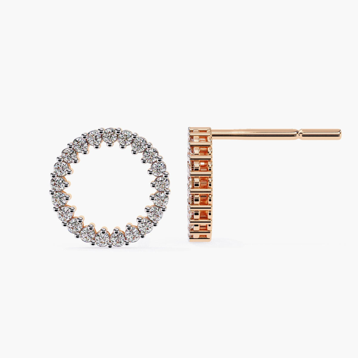 14k rose gold open circle studs with round lab-grown diamonds, front and side view.
