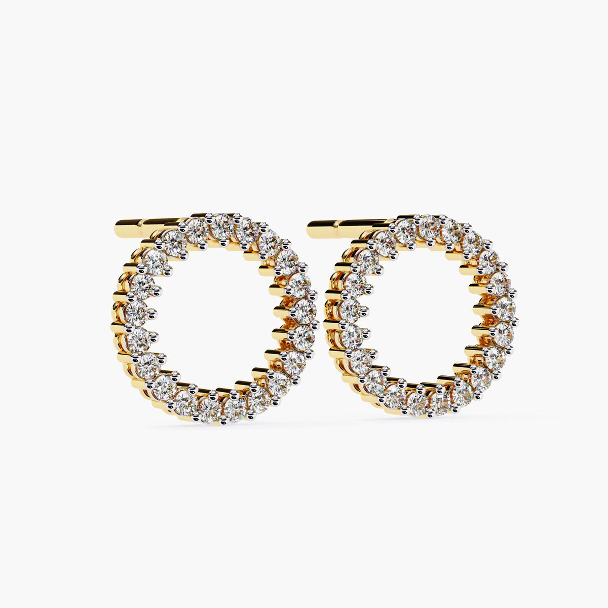 Pair of open circle stud earrings with lab-grown diamonds set in yellow gold.
