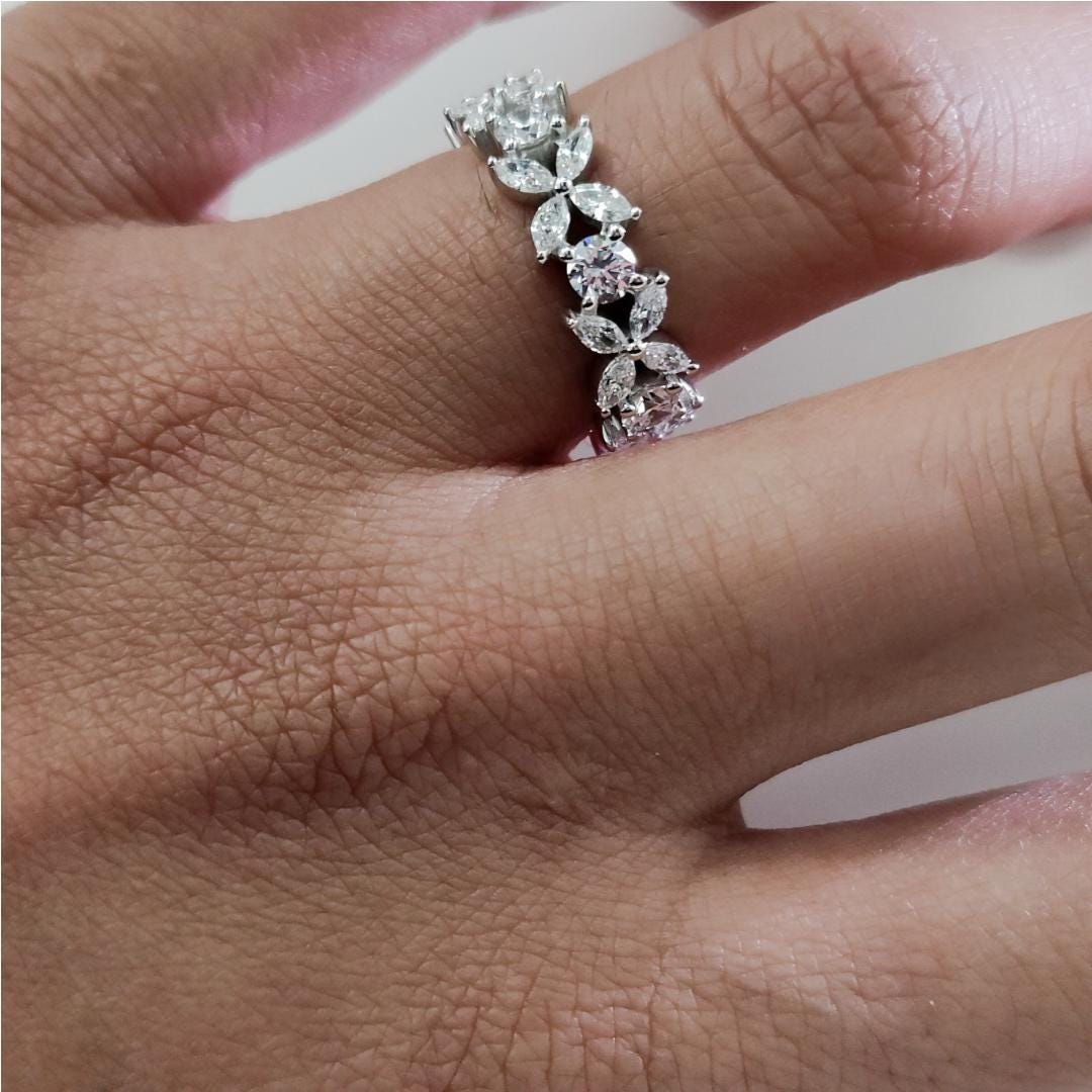 Marquise & Round Diamond Flower Ring Full Eternity Band Ring Lab Grown Diamond Ring 14K Gold Solid Metal Floral Ring for Anniversary Ring