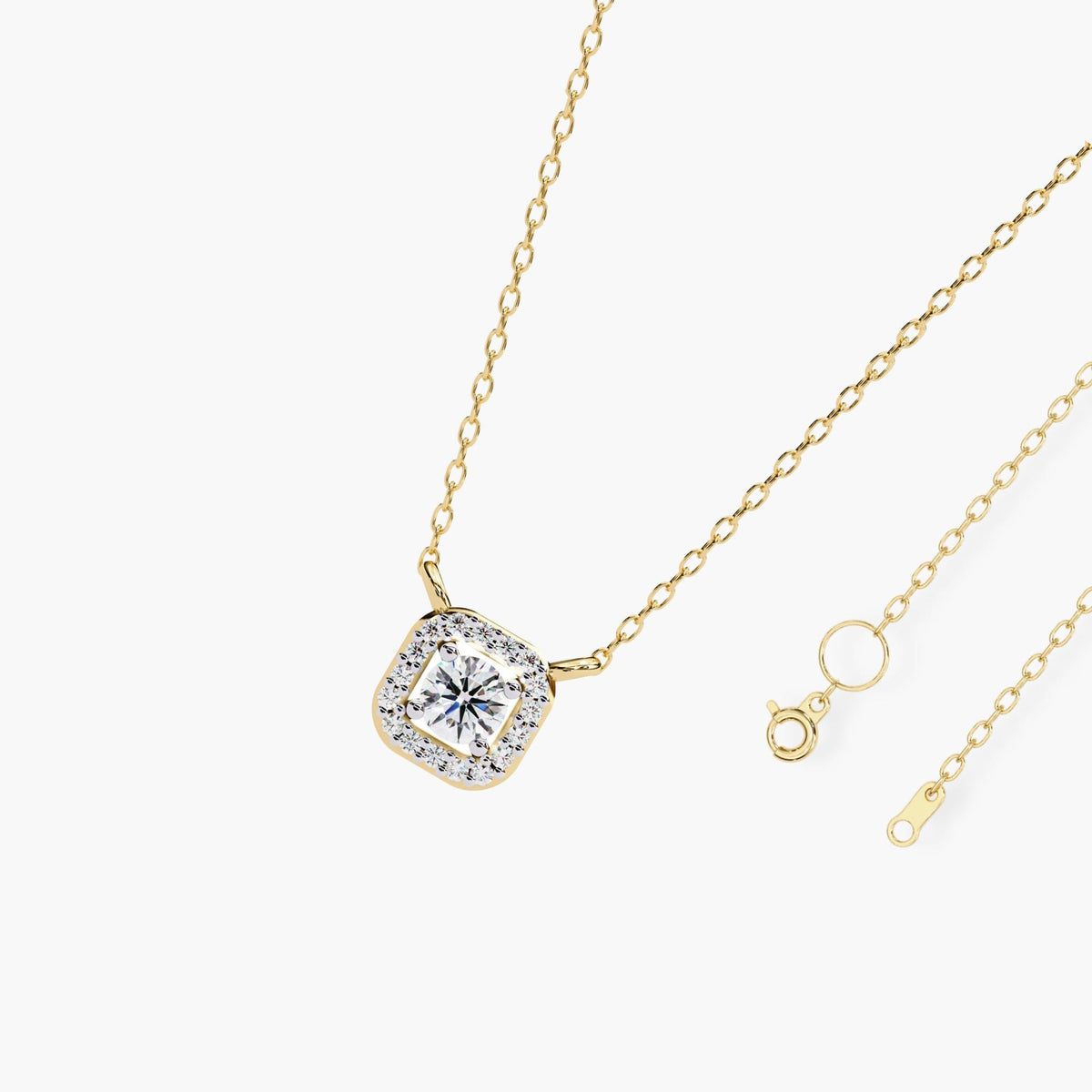 Square Halo Lab Grown Diamond Pendant Gold Necklace, 14k Gold Solitaire Women Necklace, Floating Diamond Bridal Jewelry Sister Birthday Gift