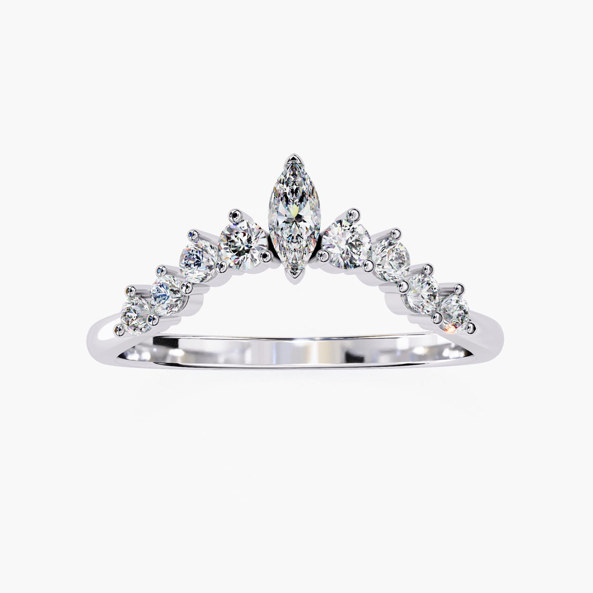 Tiara Diamond Ring, Lab Grown Diamond Nesting Ring, 14k Gold Curved V Shape Wedding Band, Unique Crown Delicate Dainty Bride Wedding Ring
