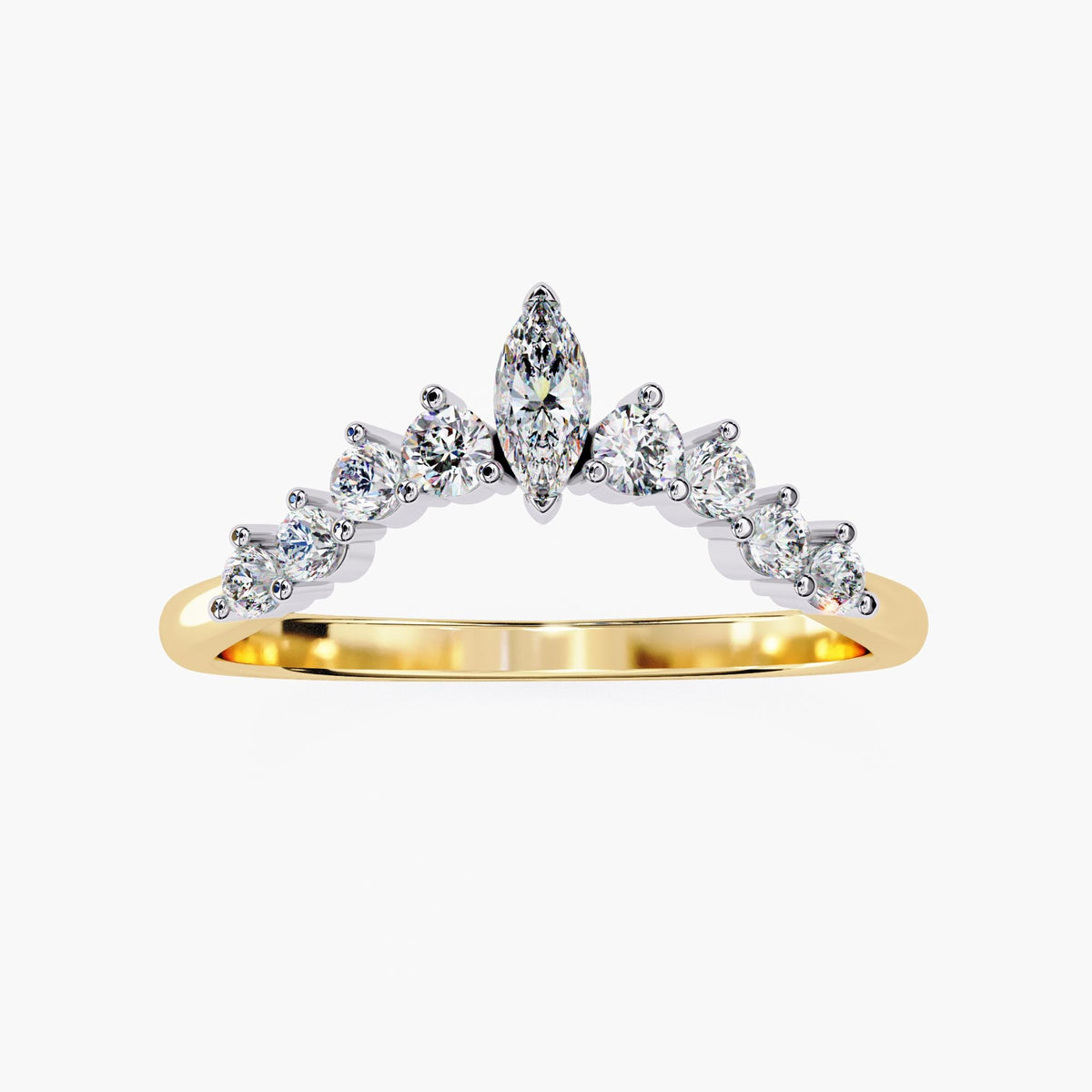 Tiara Diamond Ring, Lab Grown Diamond Nesting Ring, 14k Gold Curved V Shape Wedding Band, Unique Crown Delicate Dainty Bride Wedding Ring