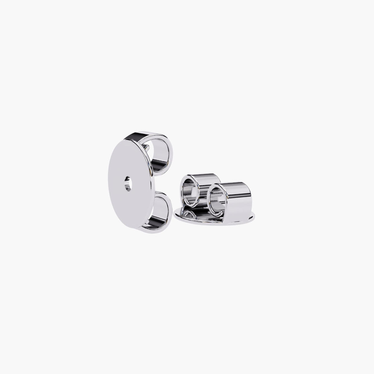 Close-up of pushback closure in white gold for open circle diamond studs.