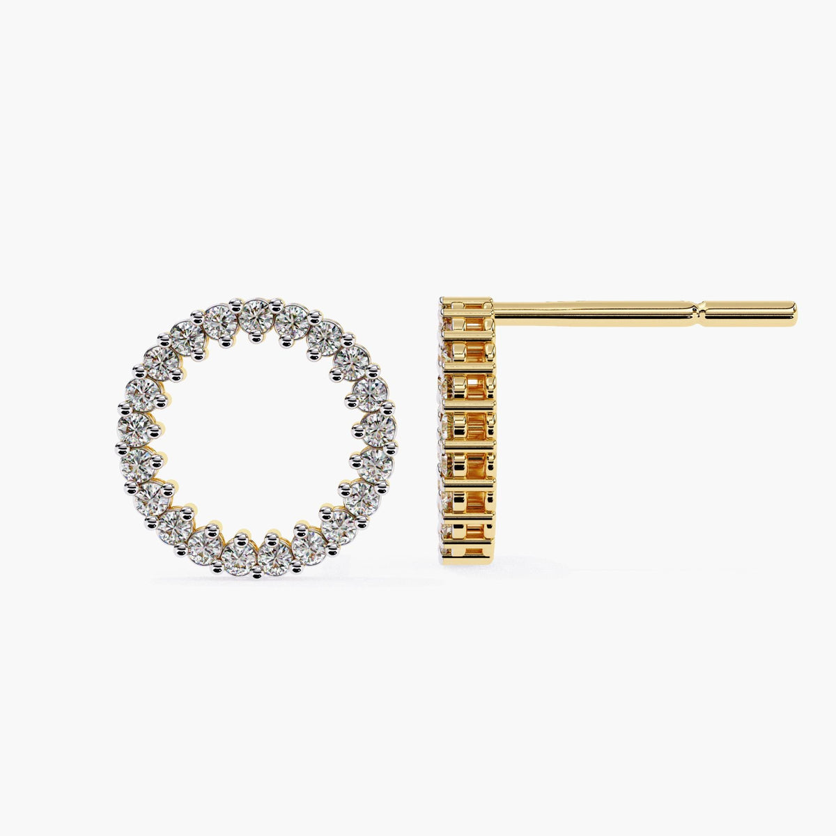 14k yellow gold open circle studs with lab-grown round diamonds, front and side view.