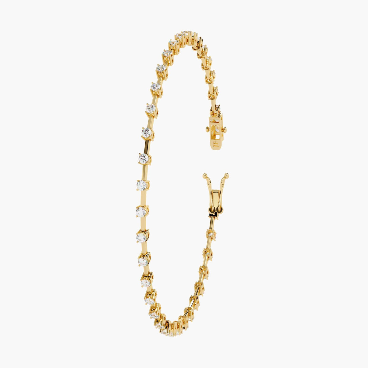 Top view of a 14K yellow gold tennis bracelet featuring a continuous row of round-cut natural diamonds set in slim prongs. The bracelet curves gracefully and includes a double-latch clasp for added security. A timeless design ideal for gifting on birthdays, anniversaries, or as a luxury stacking piece for everyday wear.