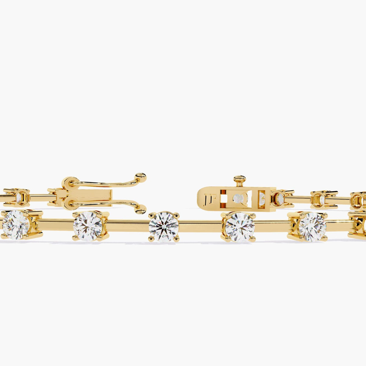 14K gold diamond tennis bracelet featuring round-cut natural diamonds spaced along a slender bar design. Set in a minimalist style with a secure clasp, the bracelet offers a lightweight, floating diamond look. Ideal for everyday wear, stacking, or gifting for birthdays, anniversaries, or holidays.