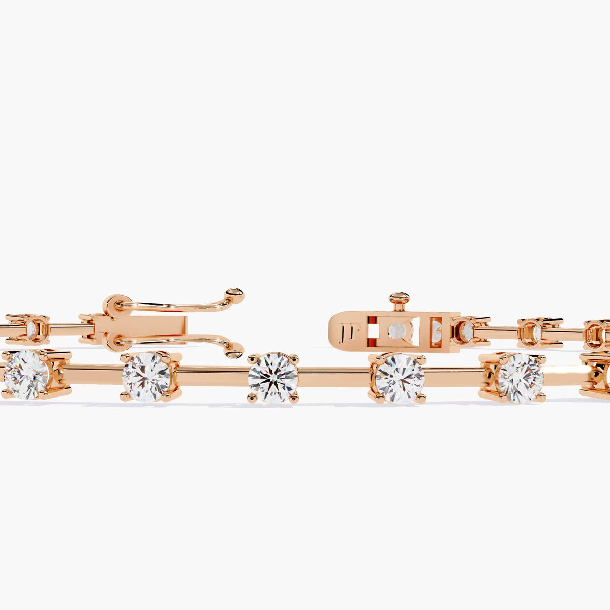 Close-up of a 14K rose gold tennis bracelet with round brilliant-cut diamonds spaced evenly along a slim gold band. The secure double-latch clasp is visible, adding both function and refinement. The warm tone of the rose gold contrasts beautifully with the sparkle of the natural diamonds. Ideal for weddings, anniversaries, or as a romantic gift for her.