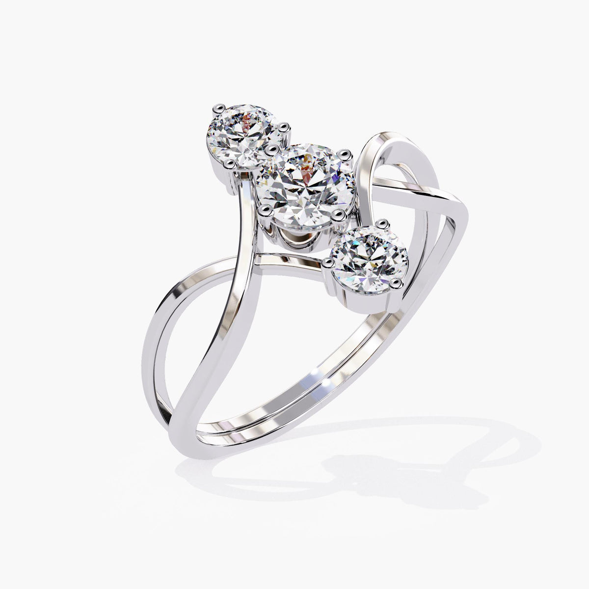 A white gold ring with three diamonds in the center.