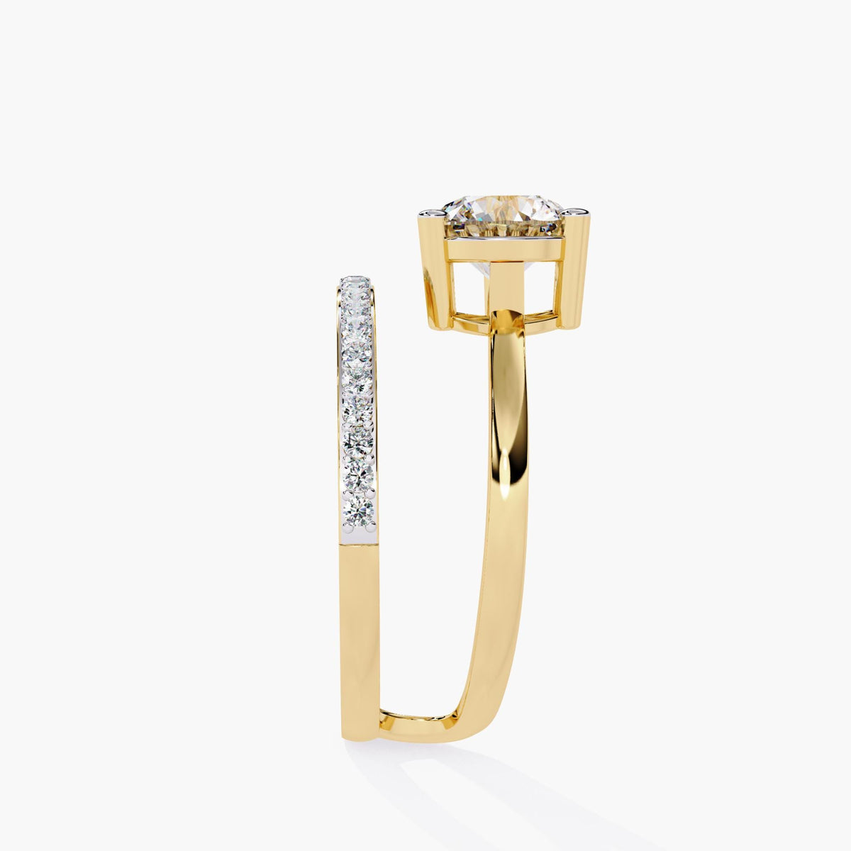 A gold engagement ring with a round brilliant cut diamond center stone and a pave diamond band. The band is split and wraps around the center stone.