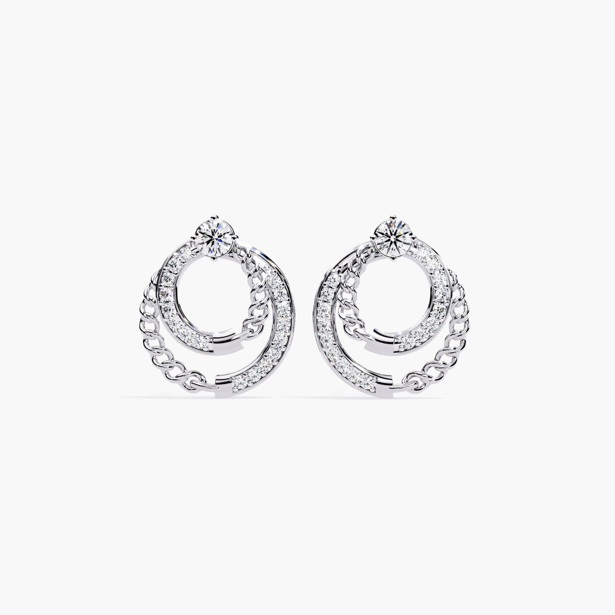 White gold version of the double circle diamond stud earrings, front view.