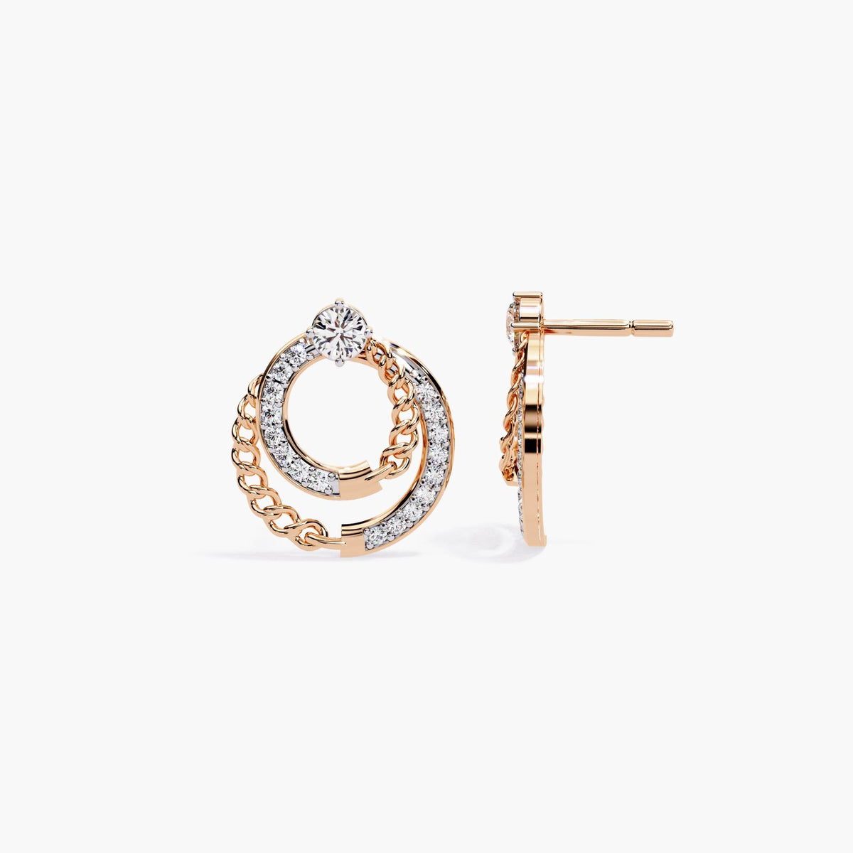 Side view of rose gold double circle stud earrings with central post.