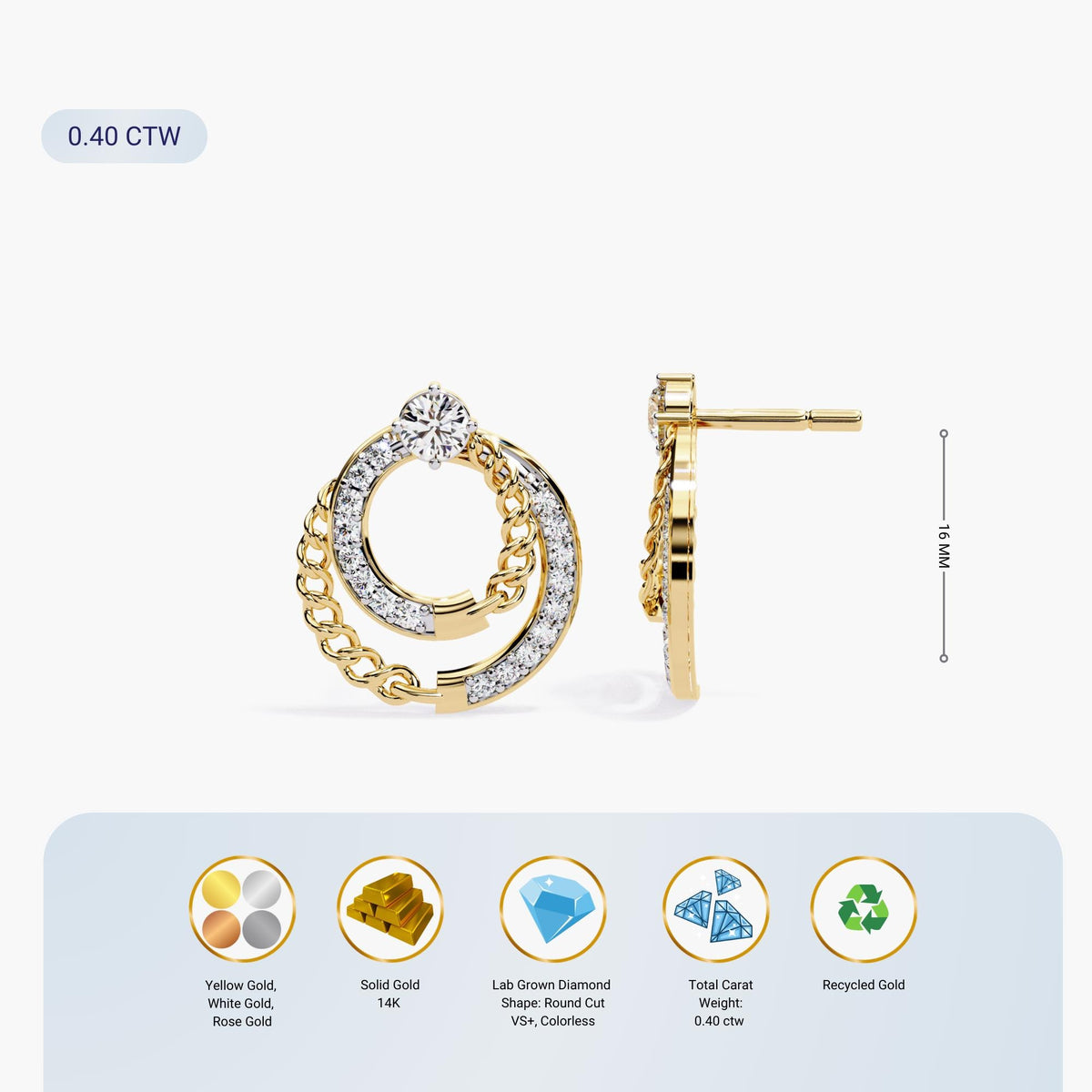 Earring size dimensions with icons showing materials, features, and gold options.