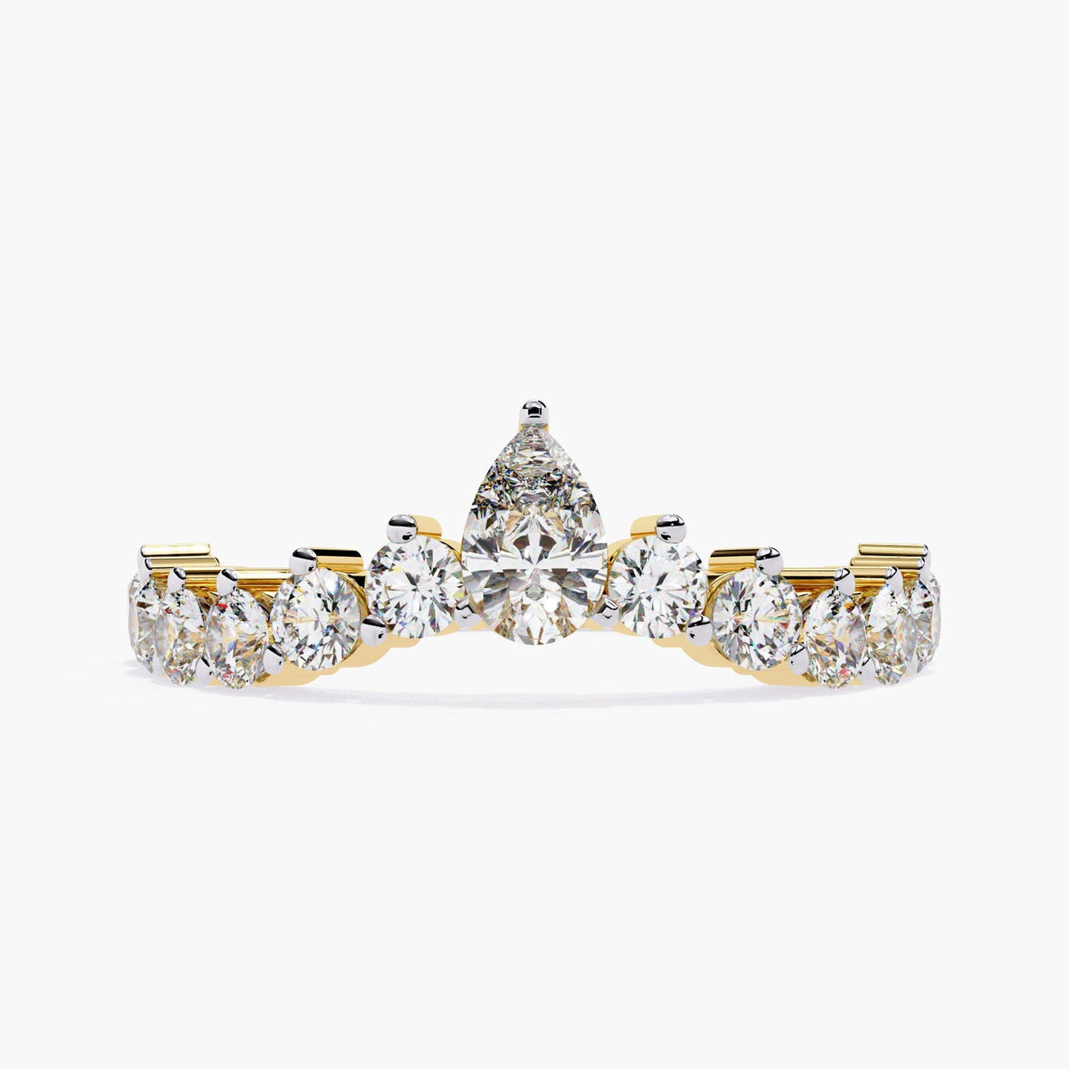 A gold band with a row of small, clear diamonds set in a curved arch shape.