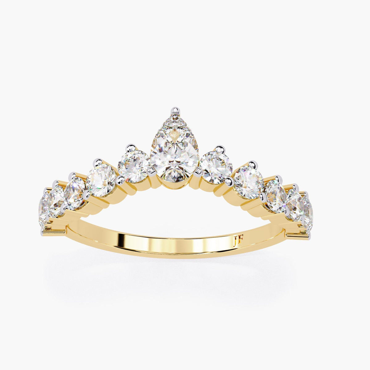 A gold band with a row of small, clear diamonds set in a curved arch shape.