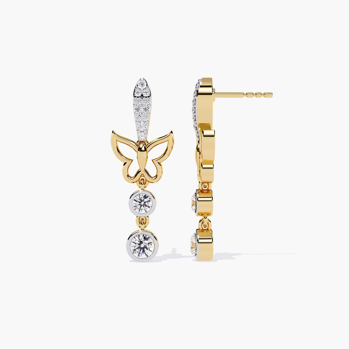 A pair of gold dangle earrings with a butterfly design and a drop down round cut diamonds.
