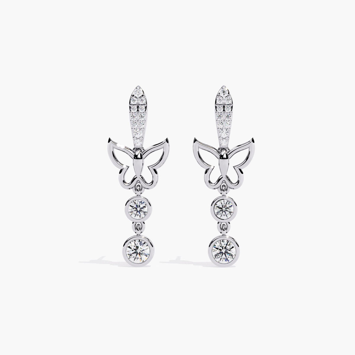 A pair of white gold dangle earrings with a butterfly design and a drop down round cut diamonds.