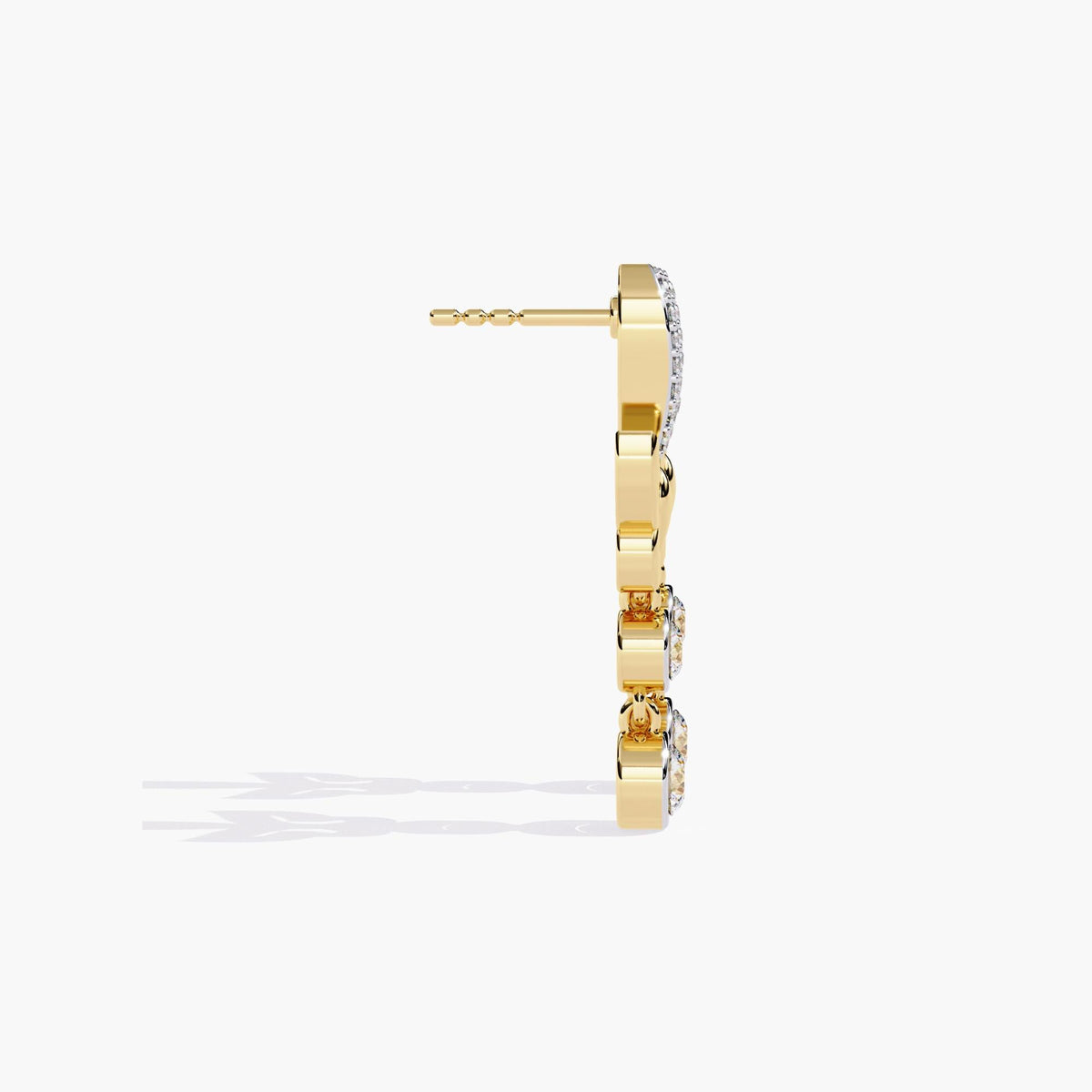 A pair of gold dangle earrings with a butterfly design and a drop down round cut diamonds.