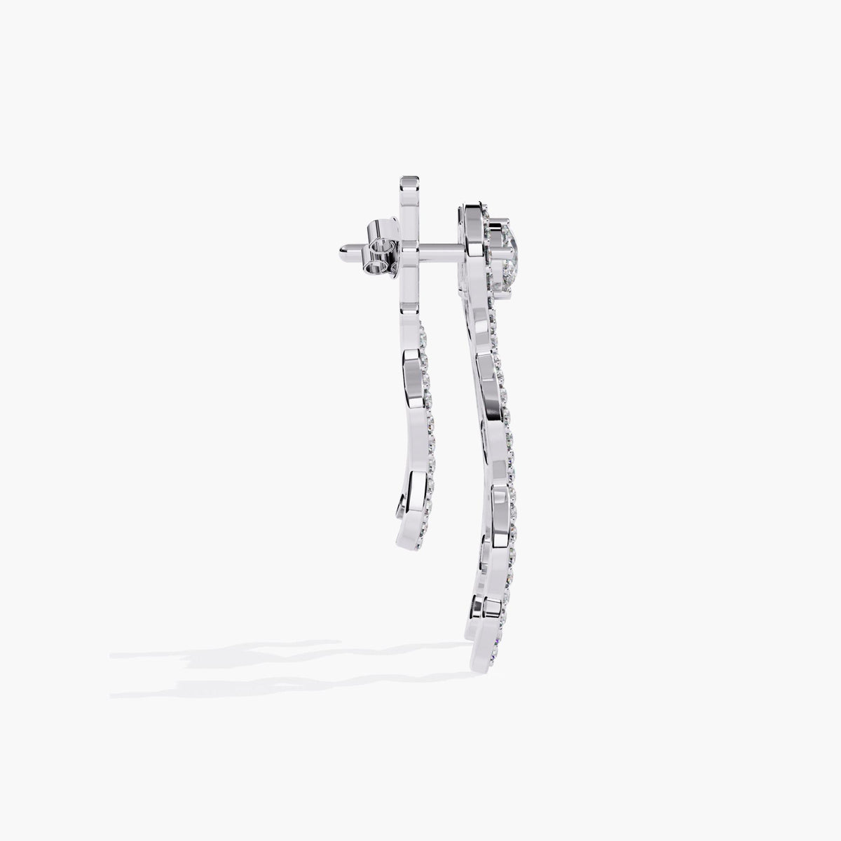 A pair of white gold diamond earrings with a spiral design. The earrings are dangling and have a thin, curved shape with small diamonds.