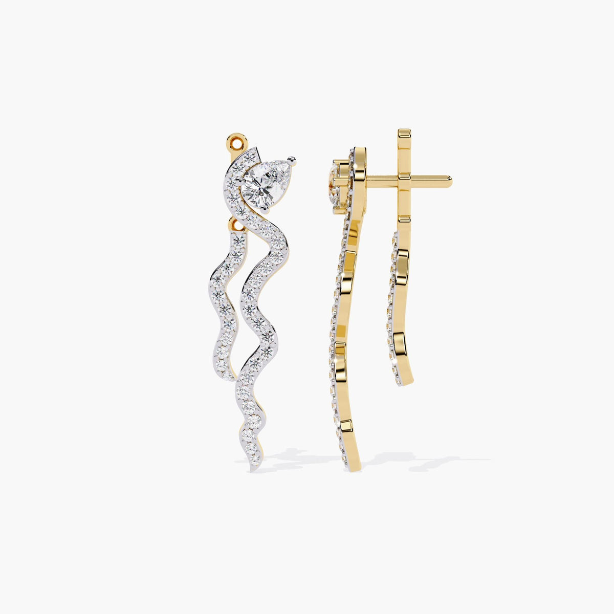 A pair of gold diamond earrings with a spiral design. The earrings are dangling and have a thin, curved shape with small diamonds.