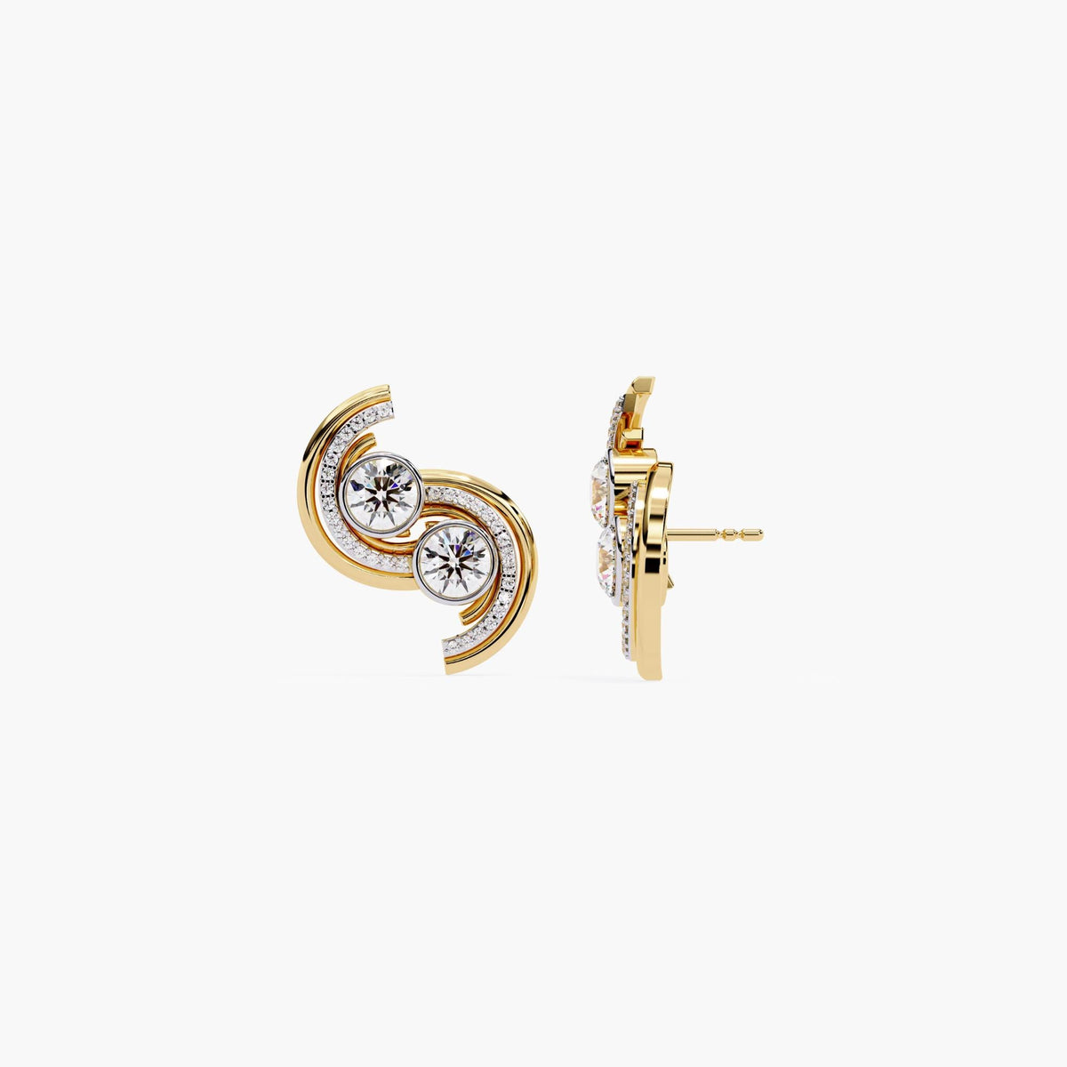 A pair of gold earrings with a curved, asymmetrical shape and diamond stones.