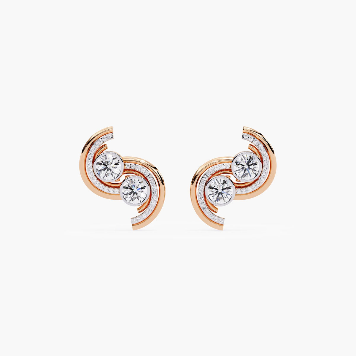 A pair of rose gold earrings with a curved, asymmetrical shape and diamond stones.