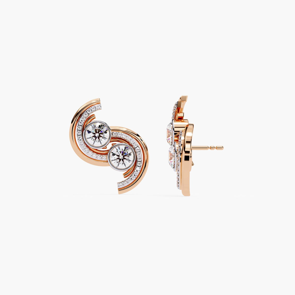 A pair of rose gold earrings with a curved, asymmetrical shape and diamond stones.